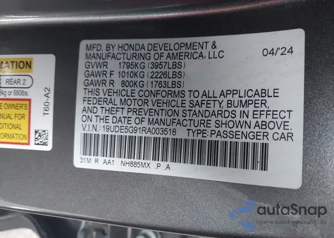 2024 Acura Integra Type S z USA, uszkodzony, nr VIN 19UDE5G91RA003518